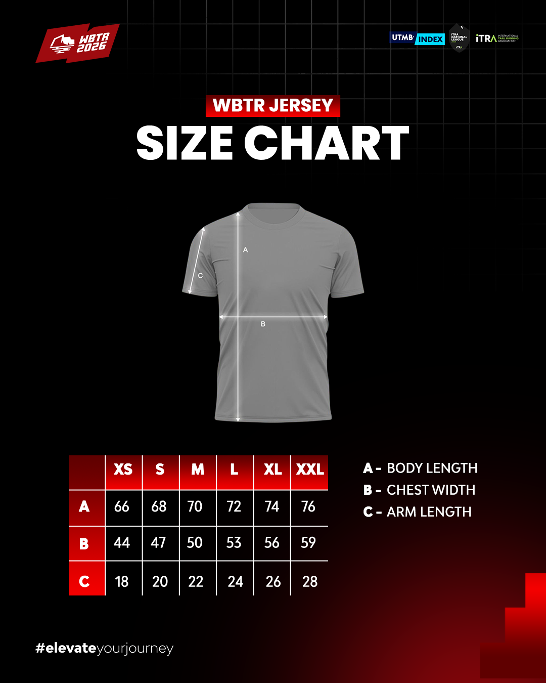 Bagan ukuran WBTR Jersey — body length, chest width, arm length untuk ukuran XS sampai XXL